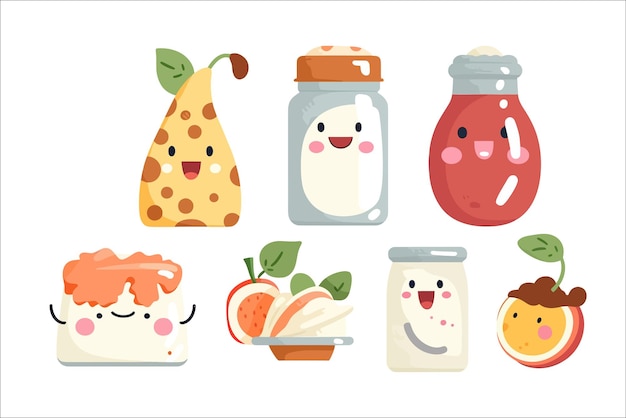 Productos lácteos kawaii ilustraciones planas conjunto Aislado en el fondo Ilustración vectorial de dibujos animados