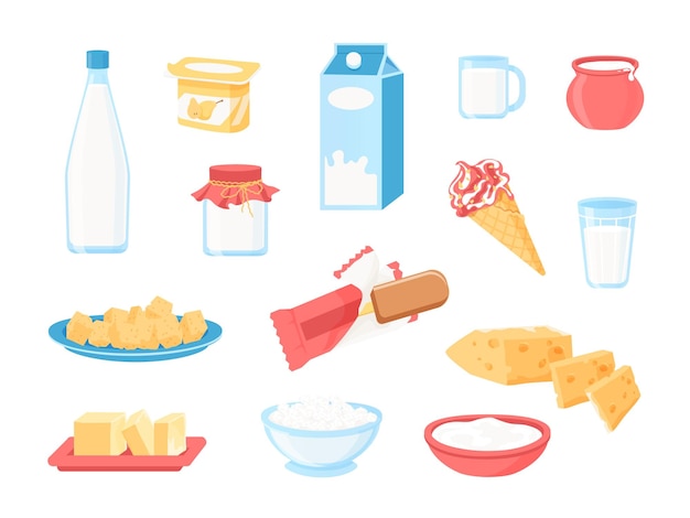 Productos lácteos Leche de dibujos animados en envase de botella y vidrio queso yogur helado mantequilla y cremas desayuno saludable comida Vector productos lácteos de granja conjunto aislado