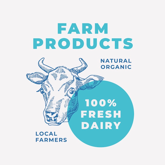 Productos lácteos locales Resumen signo o plantilla de logotipo con mano dibujada vaca cara sillhouette y tipografía moderna.