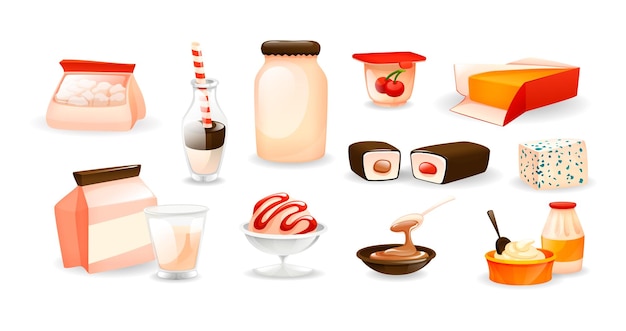 Productos lácteos de nutrición natural set vector de dibujos animados