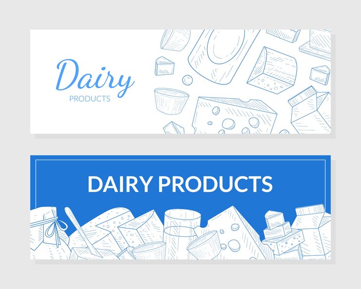Vector productos lácteos plantillas de pancartas horizontales conjunto de productos lícitos naturales saludables tradicionales orgánicos ilustración vectorial dibujada a mano