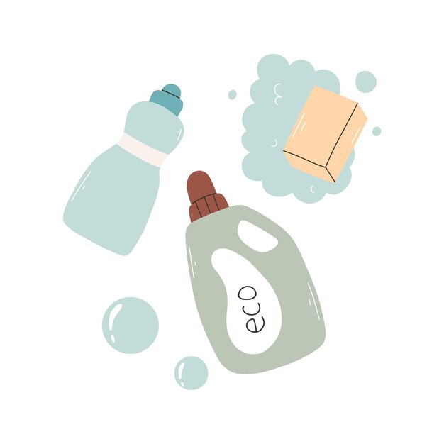 Productos de lavandería en estilo plano Ilustración vectorial Sabón de lavado en gel en polvo