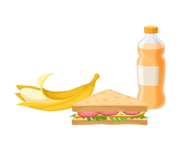 Productos para llevar para el bocadillo con sándwich y banana Ilustración vectorial colorida detallada Nosh aislada en fondo blanco