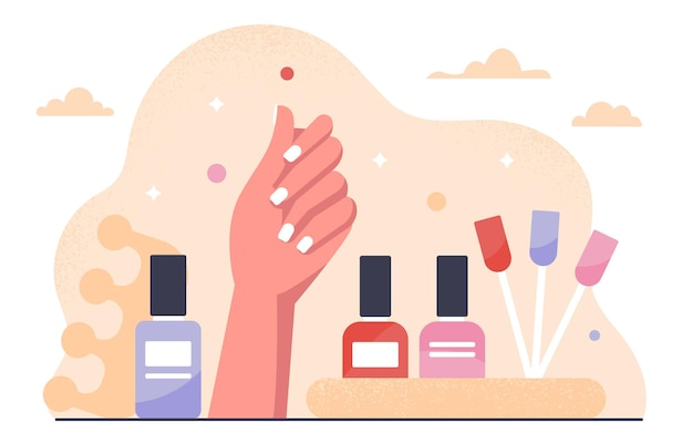 Productos de manicura concepto mano con uñas coloridas cerca de botellas con pinceles estética de belleza