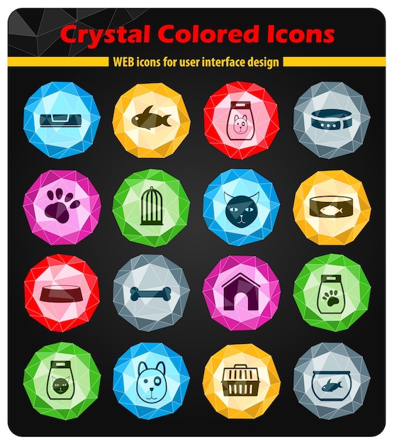 Productos para mascotas iconos en cristales de botones de colores