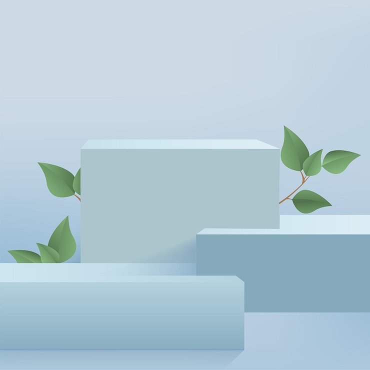 Vector los productos muestran una escena de podio de fondo 3d con una plataforma geométrica de forma azul y hojas verdes. ilustración vectorial.