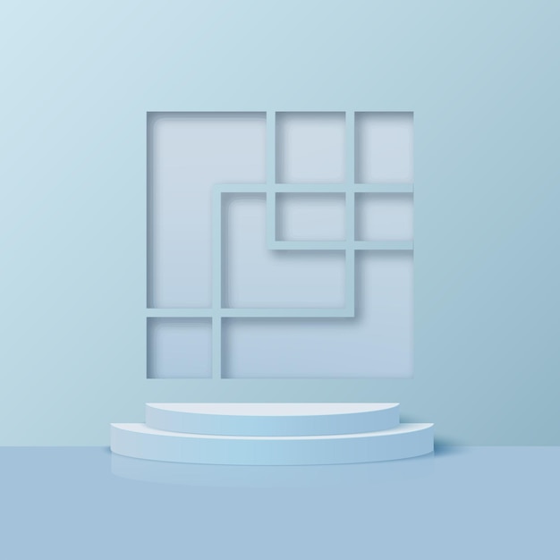 Los productos muestran una escena de podio de fondo 3d con una plataforma geométrica de forma azul. Ilustración vectorial