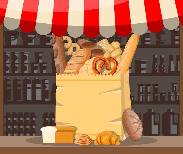 Productos de pan y puesto en el mercado. pan de cereales, trigo y centeno, tostadas, pretzel, ciabatta, croissant
