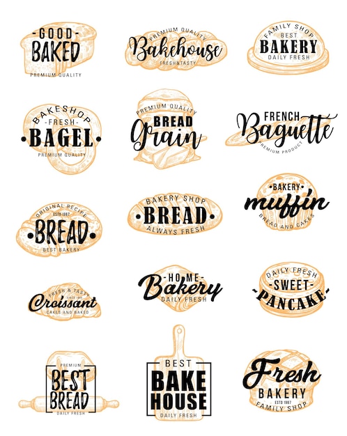 Vector productos de panadería con letras de pastelería.