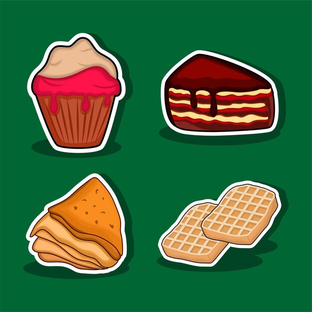 Productos de pastelería variados, pasteles de pastel, panqueques y waffles
