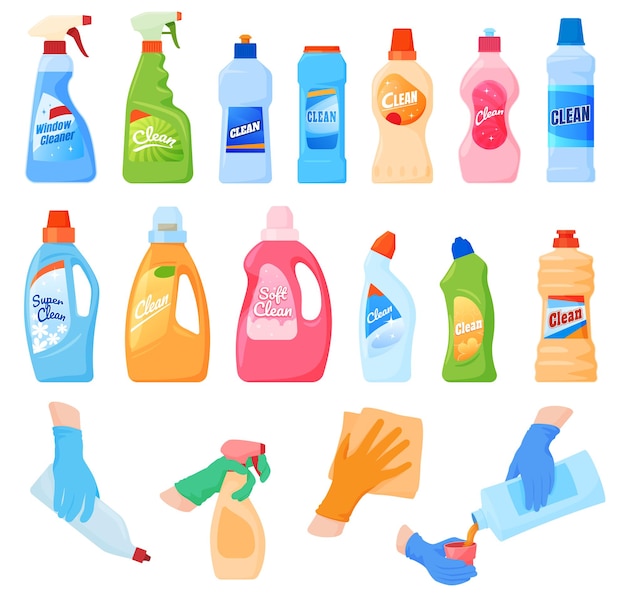Vector productos químicos para el hogar un conjunto de diferentes herramientas para limpiar la casa lavando platos
