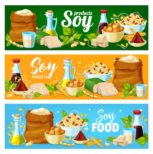 Vector productos de soya alimentos de frijol de soya salsa de tofu y leche
