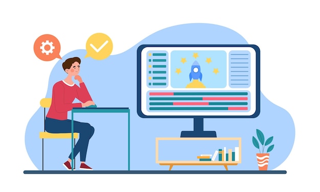 Vector profesión de animador gráfico hombre sentado en la computadora creando videojuegos y animando cohetes