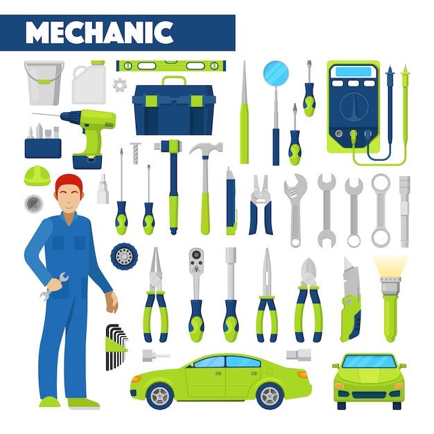 Profesión auto mecánico iconos conjunto con herramientas para reparaciones de automóviles. ilustración