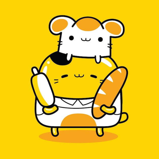 Profesión de panadero de personaje de mascota de gato lindo en estilo de dibujos animados plana