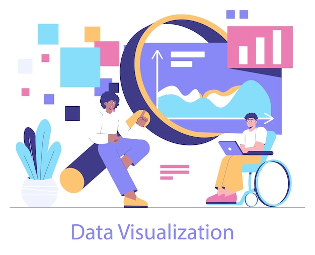 Profesionales del concepto de visualización de datos que analizan e ilustran datos complejos con gráficos e