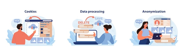 Profesionales del conjunto de privacidad digital navegan por conceptos de datos en línea administrando cookies de sitios web supervisando