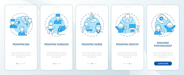 Profesionales del departamento de pediatría pantalla azul de incorporación de la aplicación móvil Tutorial Instrucciones gráficas editables de 5 pasos con conceptos lineales Plantilla UI UX GUI Myriad ProBold Fuentes regulares utilizadas