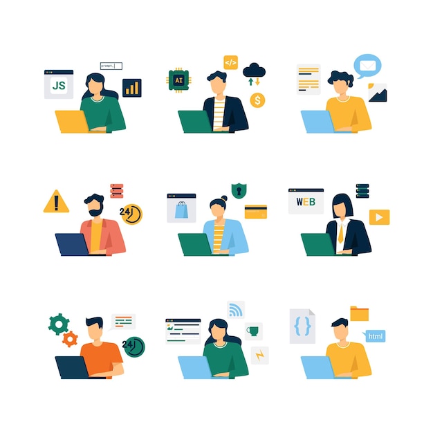 Profesionales modernos Uso de personajes planos Laptop para trabajo digital en diseño de vectores planos