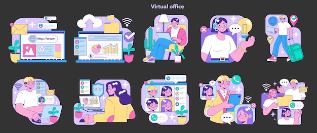Profesionales de oficinas virtuales que se involucran en tareas en línea navegación por el sitio web análisis de datos llamada de video