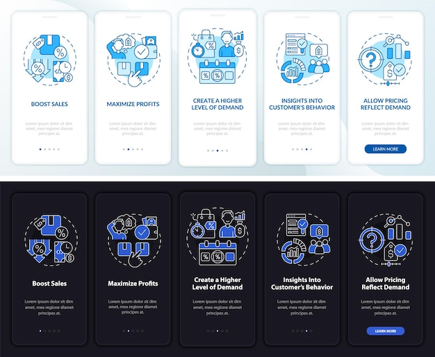 Profesionales de precios dinámicos que incorporan el modo día y noche en la pantalla de la aplicación móvil. Tutorial de 5 pasos de páginas de instrucciones gráficas con conceptos lineales. Interfaz de usuario, UX, plantilla de interfaz gráfica de usuario. Myriad Pro-Bold, fuentes regulares utilizadas