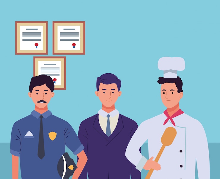 Vector profesionales trabajadores caracteres sonrientes caricaturas