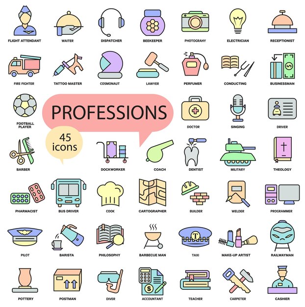 Profesiones y carrera Conjunto de íconos de varias profesiones Conjunto De íconos coloreados con trazos