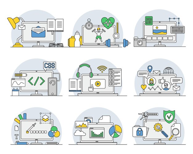 Profesiones en línea con plataforma de aprendizaje y conjunto de vectores de línea de visualización de interfaz de computadora