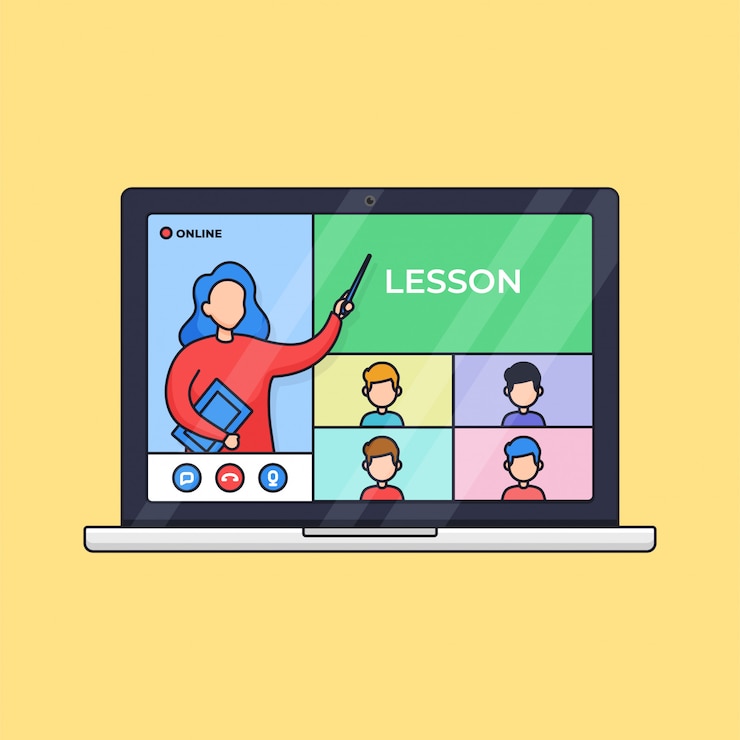 Vector profesor de actividad de videollamada en vivo de educación a distancia de clase en línea y estudiantes de ilustración de esquema de computadora portátil