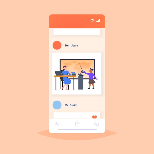 Profesor con alumno colegiala apuntando a la lección de geografía del mapa mundial en el concepto de educación escolar aula moderna pantalla de teléfono inteligente de longitud completa aplicación móvil en línea