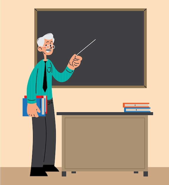 Profesor apuntando en una pizarra frente a la ilustración de vector plano de clase