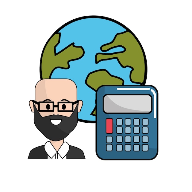 Vector profesor con calculadora y planeta global