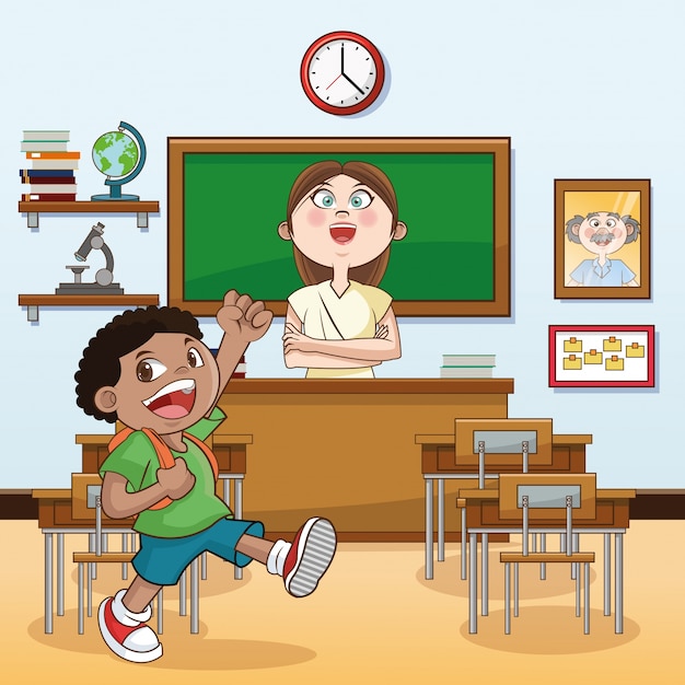 Vector profesor chico kid classroom regreso a la escuela icono de dibujos animados