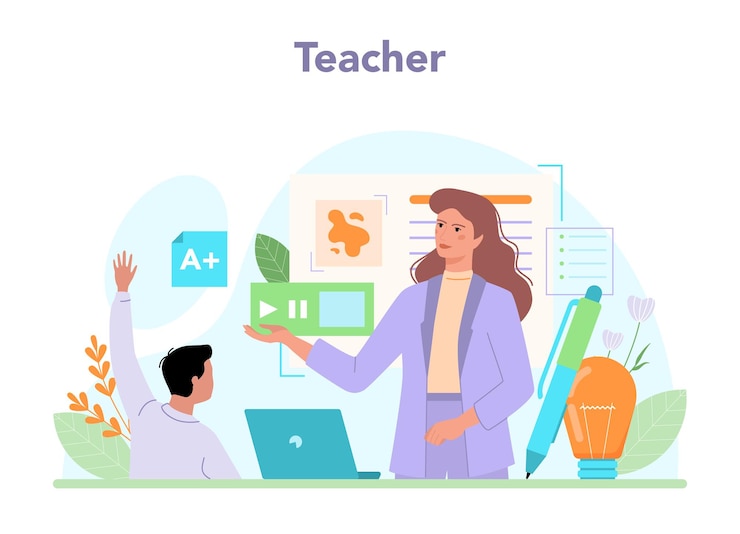 Vector profesor de concepto de maestro dando una lección en línea o en un aula
