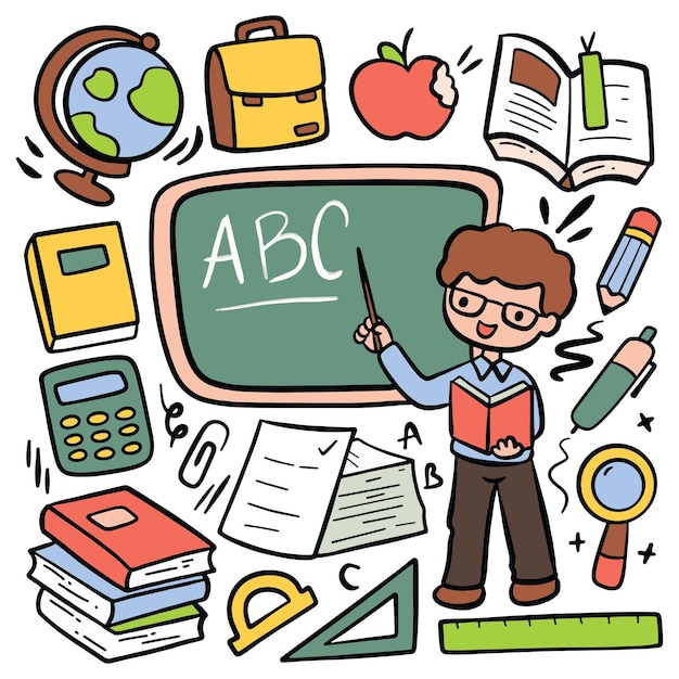 Profesor de dibujos animados dibujados a mano con útiles escolares