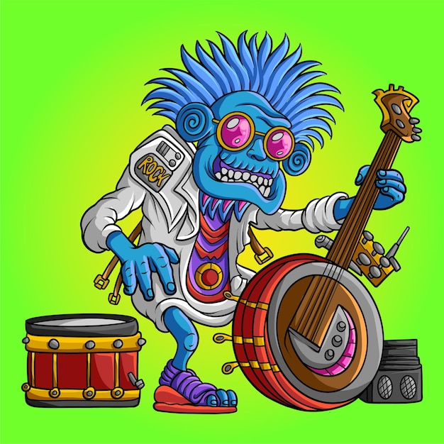 Vector profesor con dibujos animados de equipo de instrumentos musicales