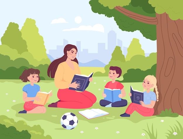 Profesor de dibujos animados leyendo un libro a los niños en el parque