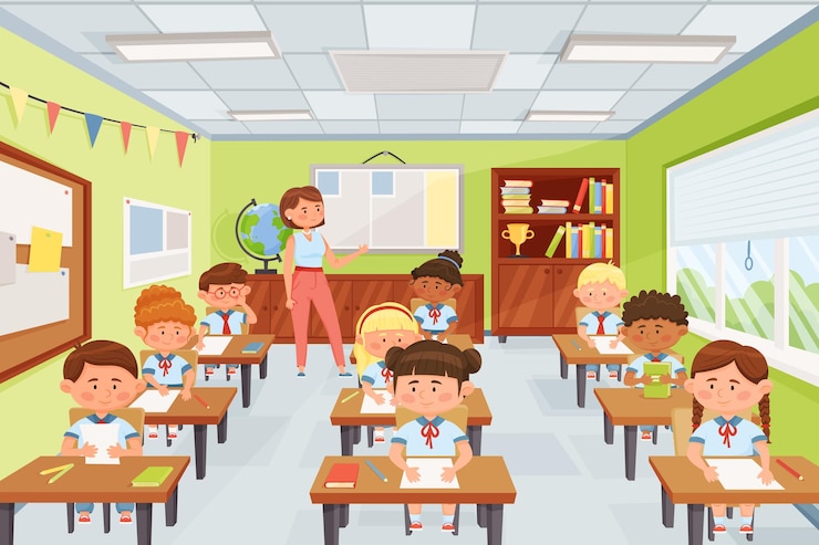 Vector profesor de dibujos animados con niños de la escuela alumnos sentados en escritorios en la ilustración de vector de aula