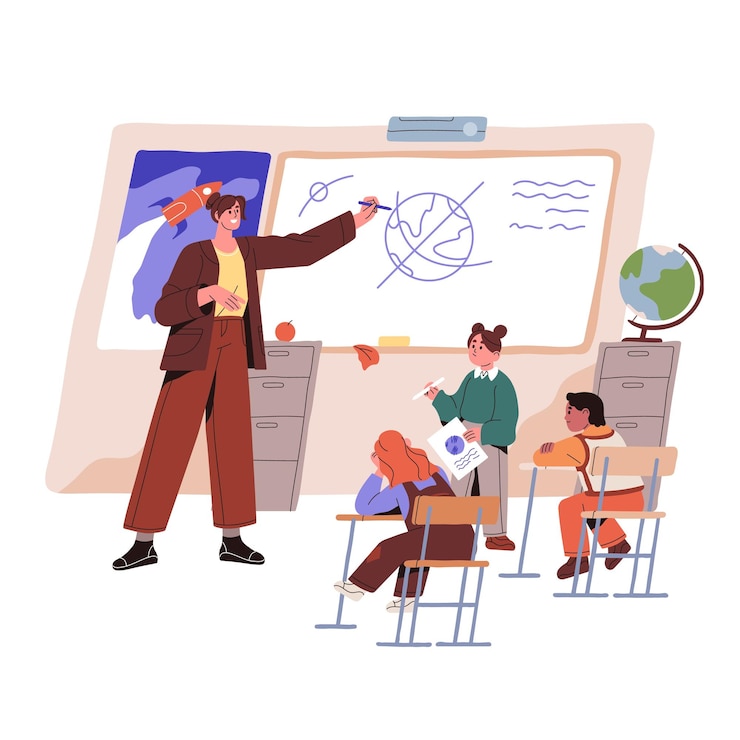 Vector profesor de escuela enseñando a los niños de primaria en clase explicando en la pizarra niños aprendiendo astronomía estudiando ciencias en el aula en los escritorios ilustración vectorial plana aislada en fondo blanco