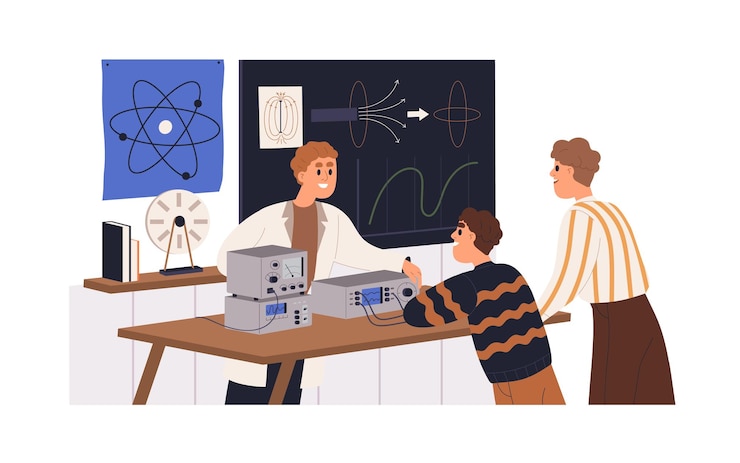 Vector profesor de escuela y estudiantes en clase de física, lección en el aula. alumnos científicos y niños realizando experimentos en laboratorio, laboratorio de estudio. ilustración de vector plano aislado sobre fondo blanco.