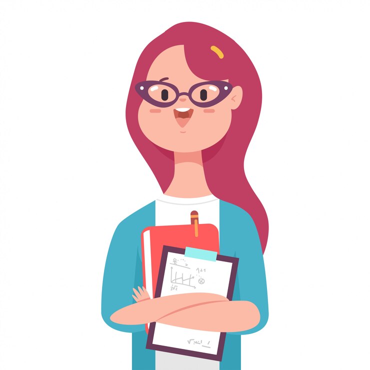 Vector profesor de escuela con personaje de chica linda de dibujos animados de libro aislado sobre fondo blanco