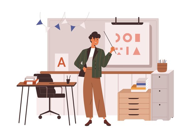 Profesor de escuela primaria parado en la pizarra en el salón de clases, dirigiendo la lección. Pedagogo mostrando en clase pizarra con puntero, explicando. Ilustración de vector plano aislado sobre fondo blanco