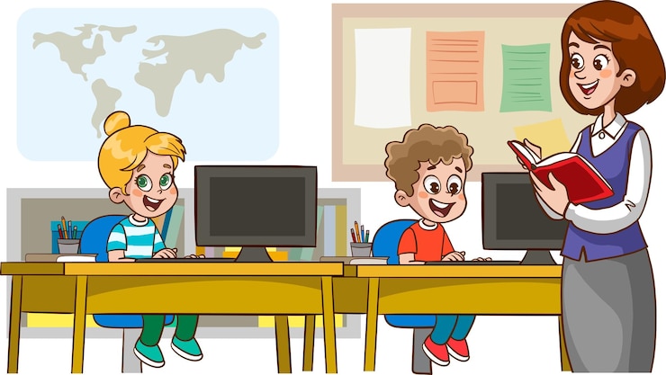 Vector el profesor y los estudiantes están trabajando en la computadora