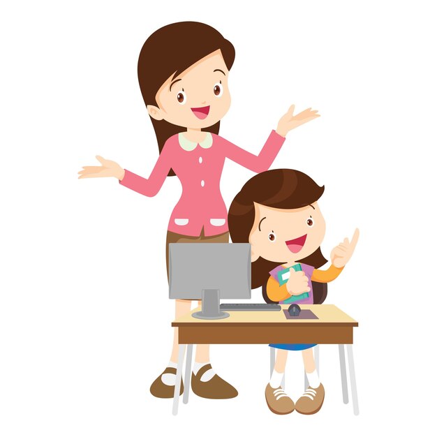 profesor feliz y estudiante aprendiendo computadora
