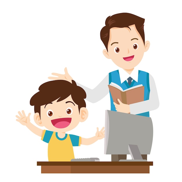 profesor feliz y estudiante aprendiendo computadora