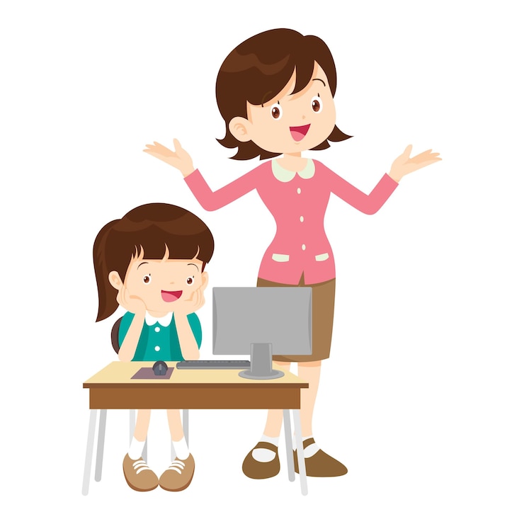 Vector profesor feliz y estudiante aprendiendo computadora