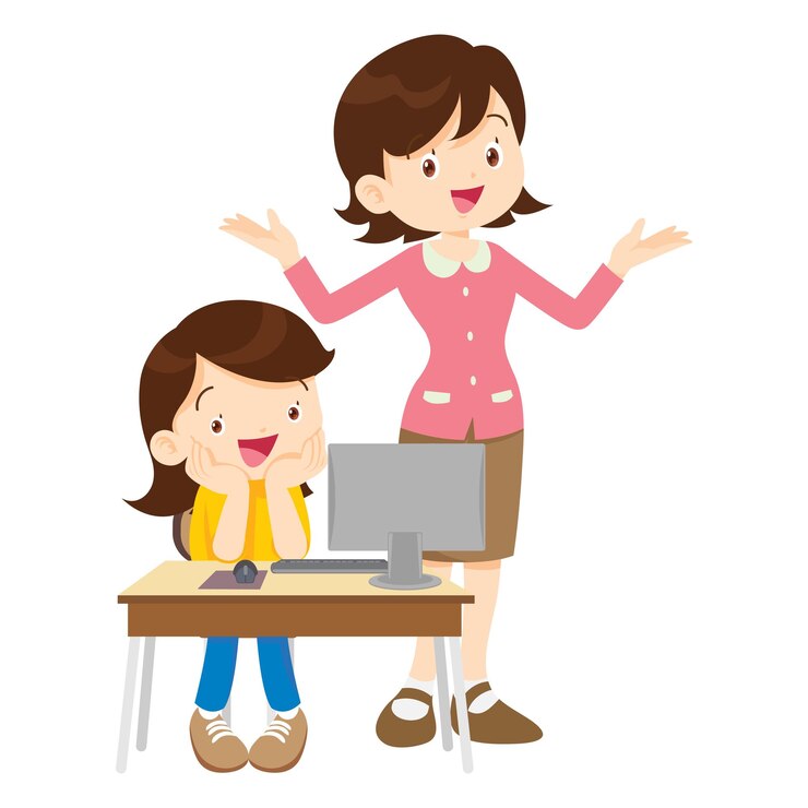 Vector profesor feliz y estudiante aprendiendo computadora