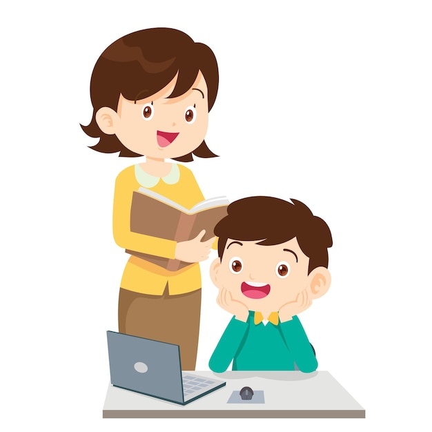 profesor feliz y estudiante aprendiendo computadora