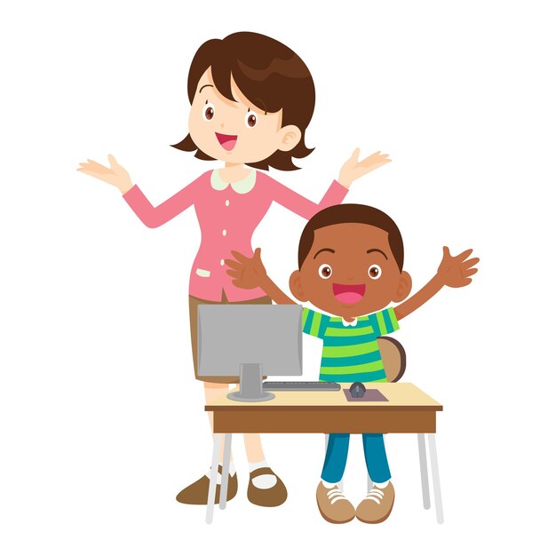 profesor feliz y estudiante aprendiendo computadora