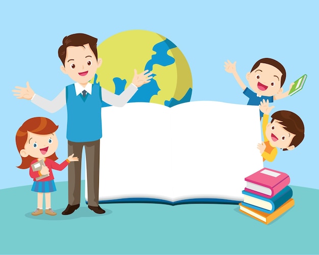Profesor feliz con niños y niñas aprendiendo o estudiando niños con educación de concepto de regreso a la escuela
